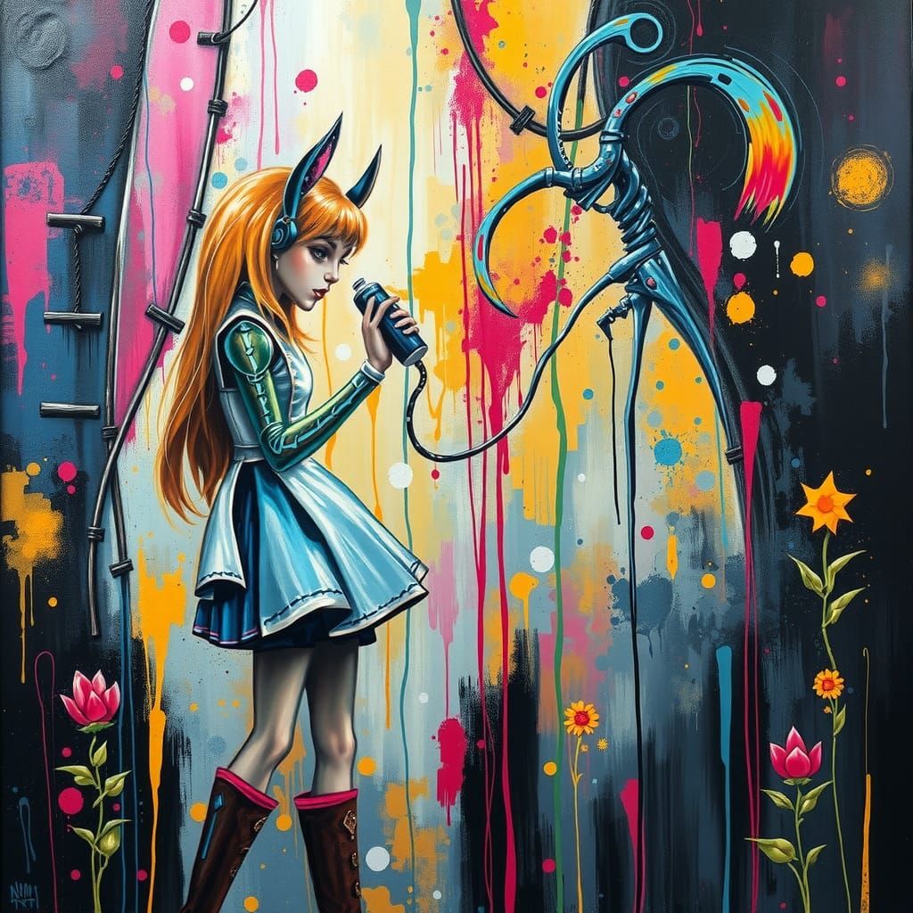 Cyberpunk Alice Spray Painting: Neo-Impressionist Oil Painti...