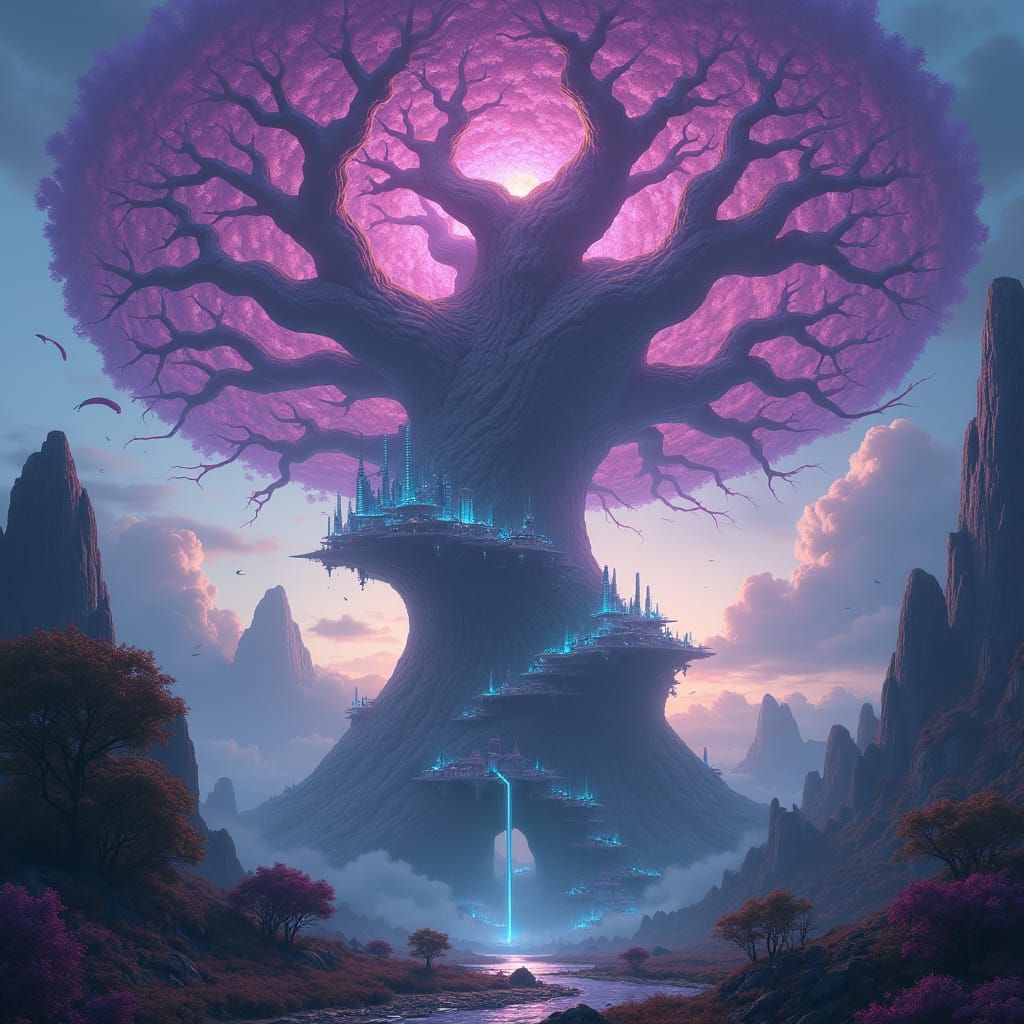 Futuristic City Held by Ancient Tree, Surreal Matte Painting