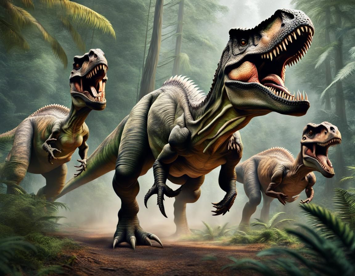 T-Rex Dinosaurs Running in Prehistoric Forest Portrait