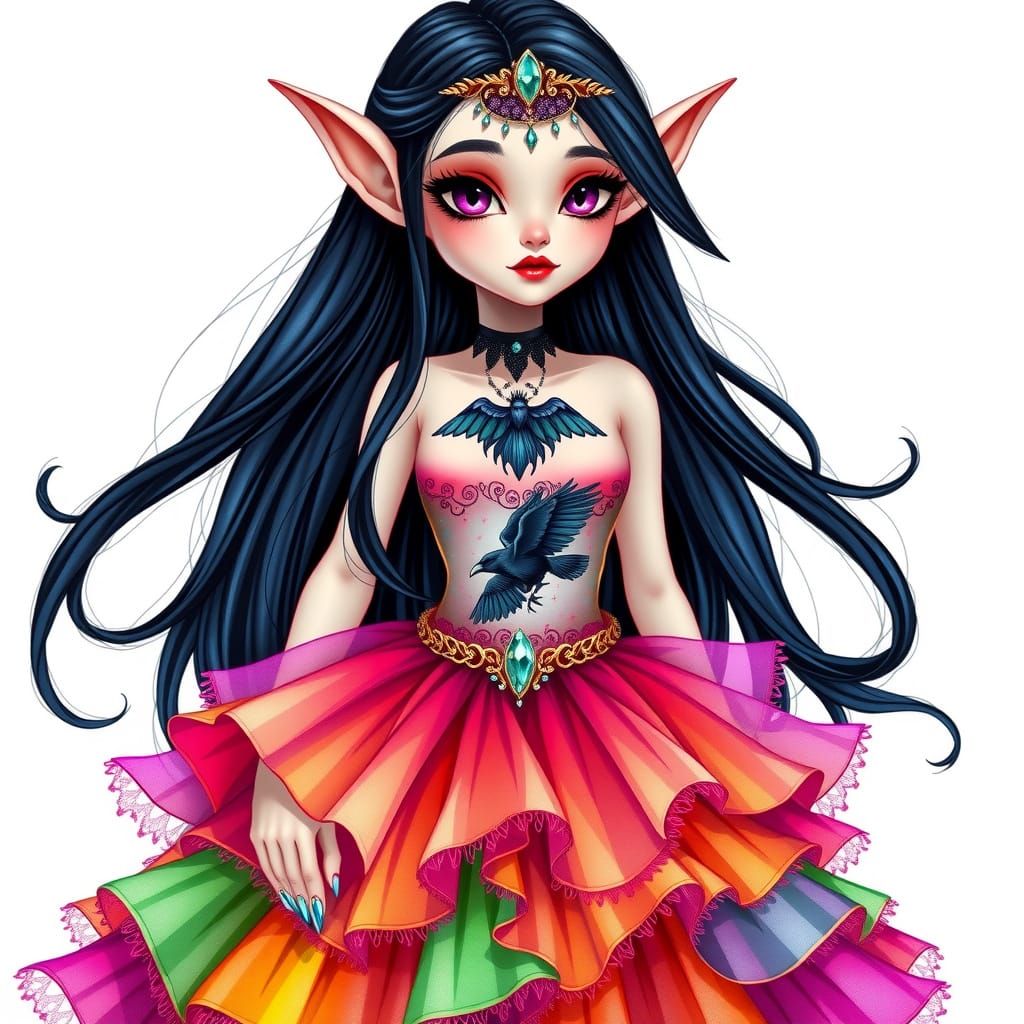 Enchanted Elf Maiden in Vibrant Rainbow Attire