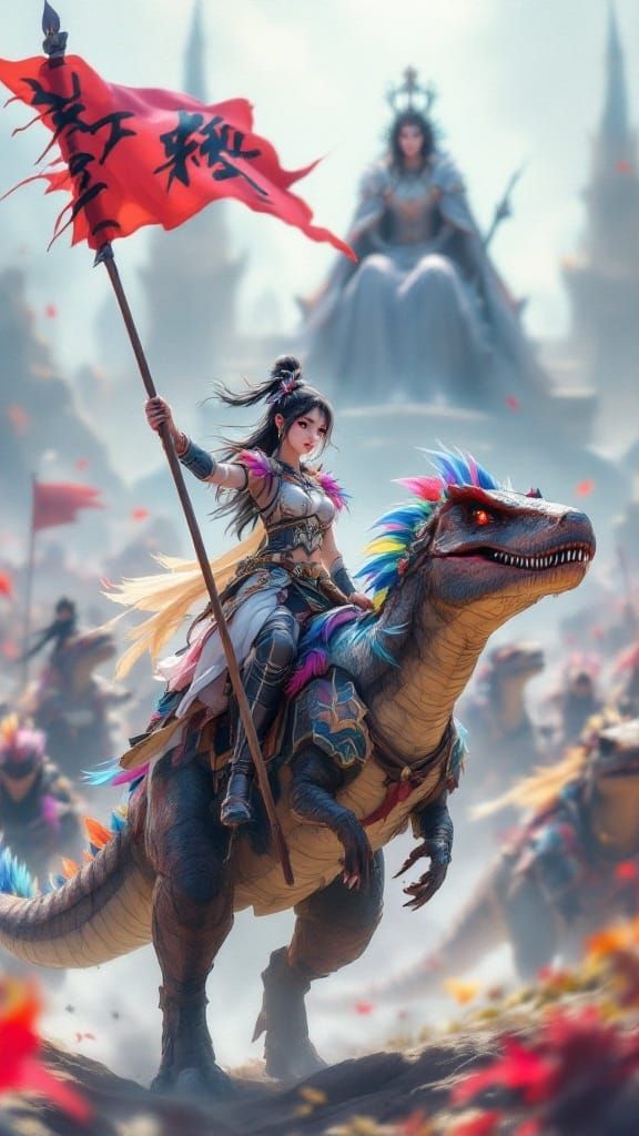 Anime Catgirl Rides Velociraptor in Samurai Battle