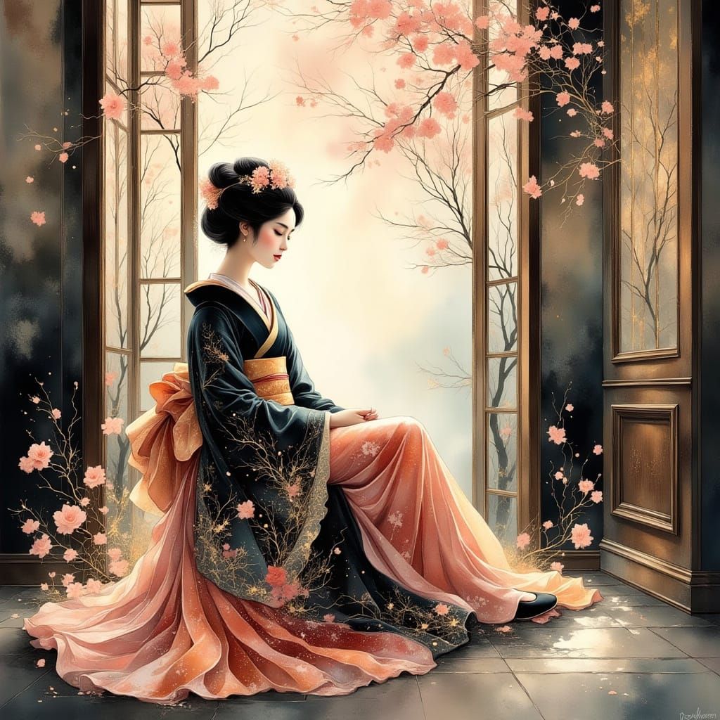 Geisha in Kimono with Cherry Blossoms, Art Nouveau Style