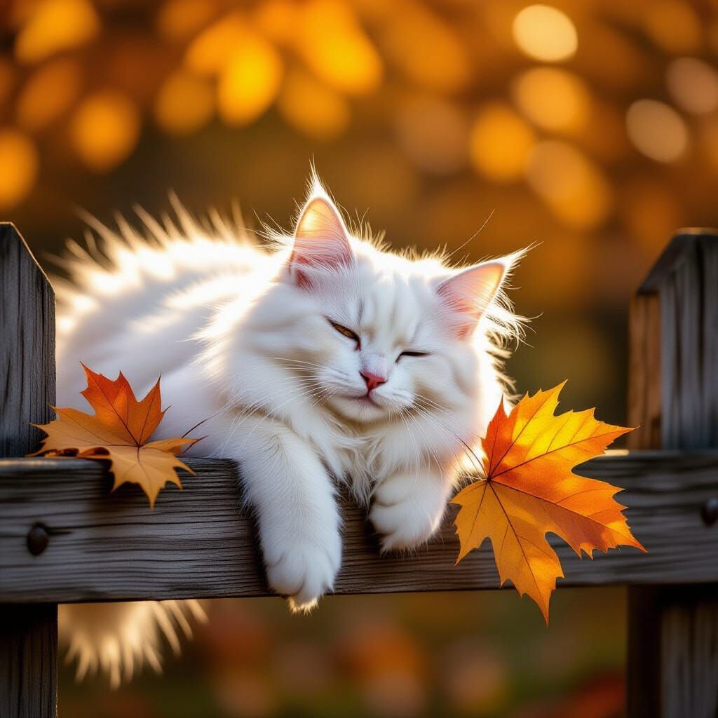 Fluffy White Cat Rests on Fence in Golden Hour Light