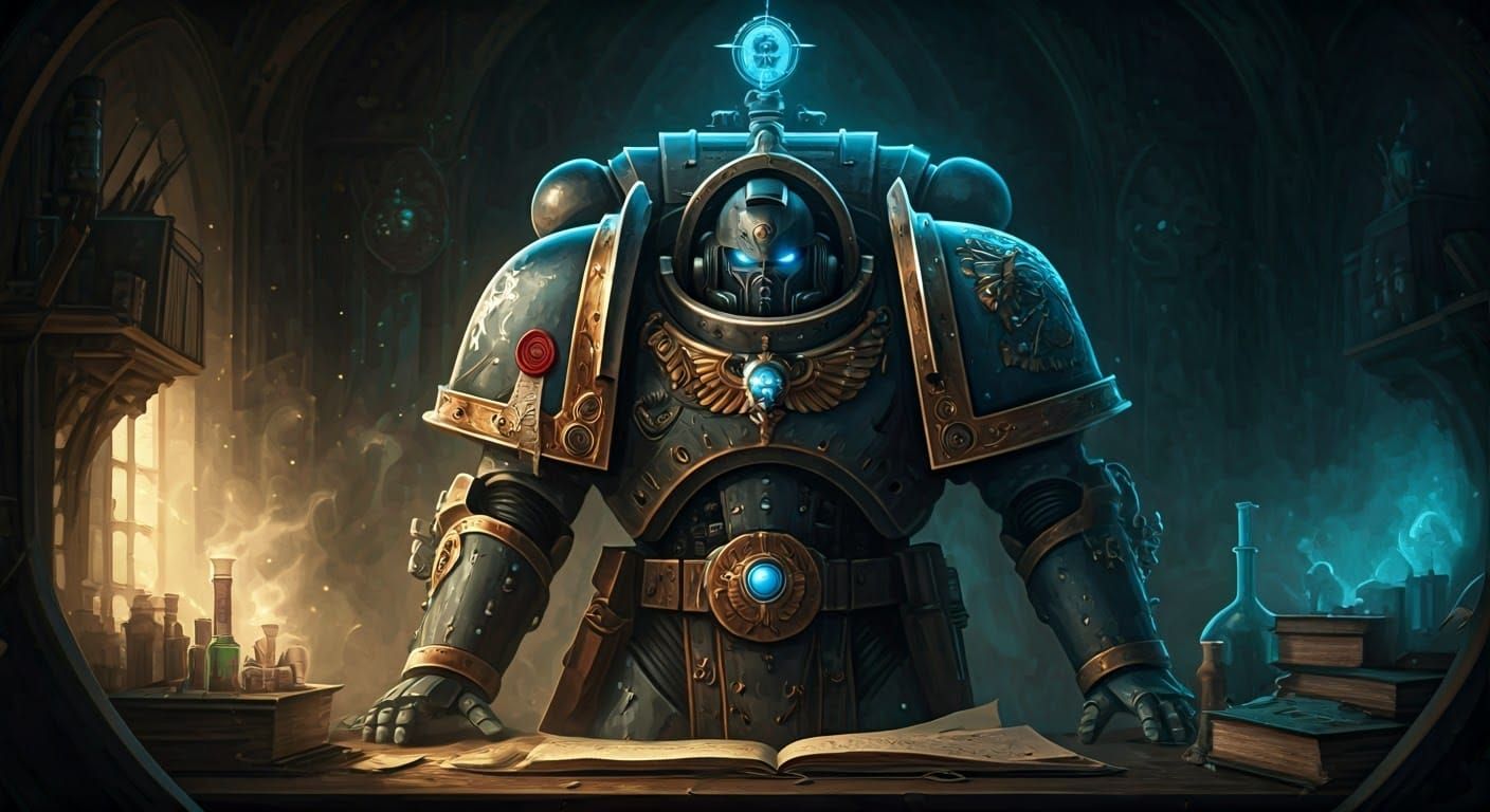 Ornate Space Marine Techmarine Portrait in Oil-on-Canvas Sty...