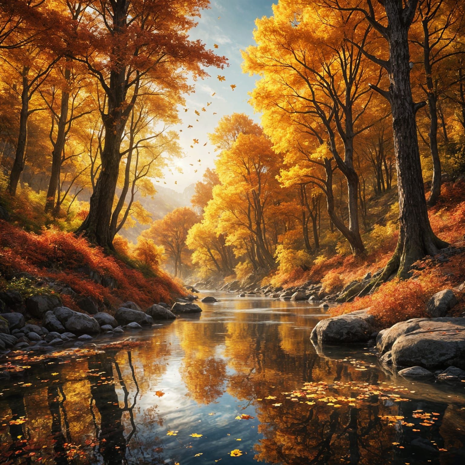 Secluded Autumn Forest with Golden Leaves, Matte Painting