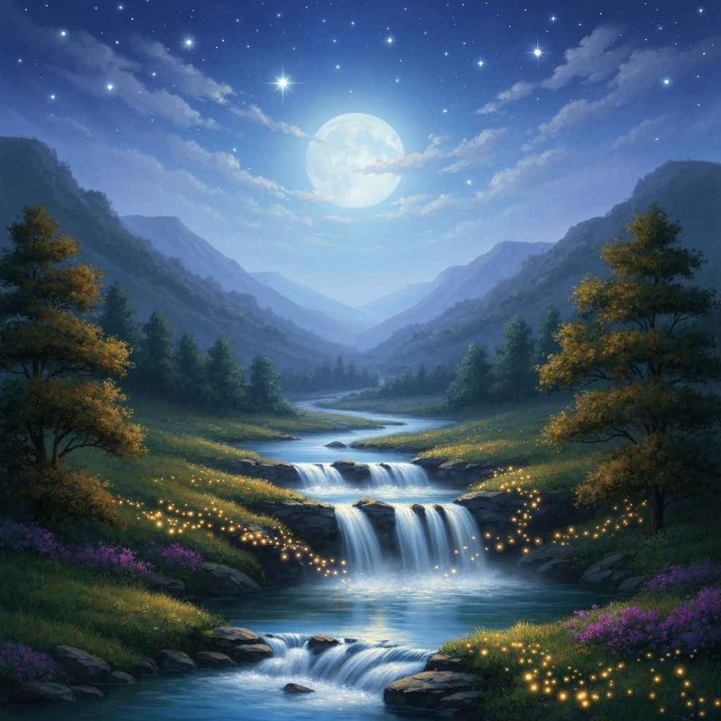 Moonlit Valley Waterfall Serene Digital Matte Painting