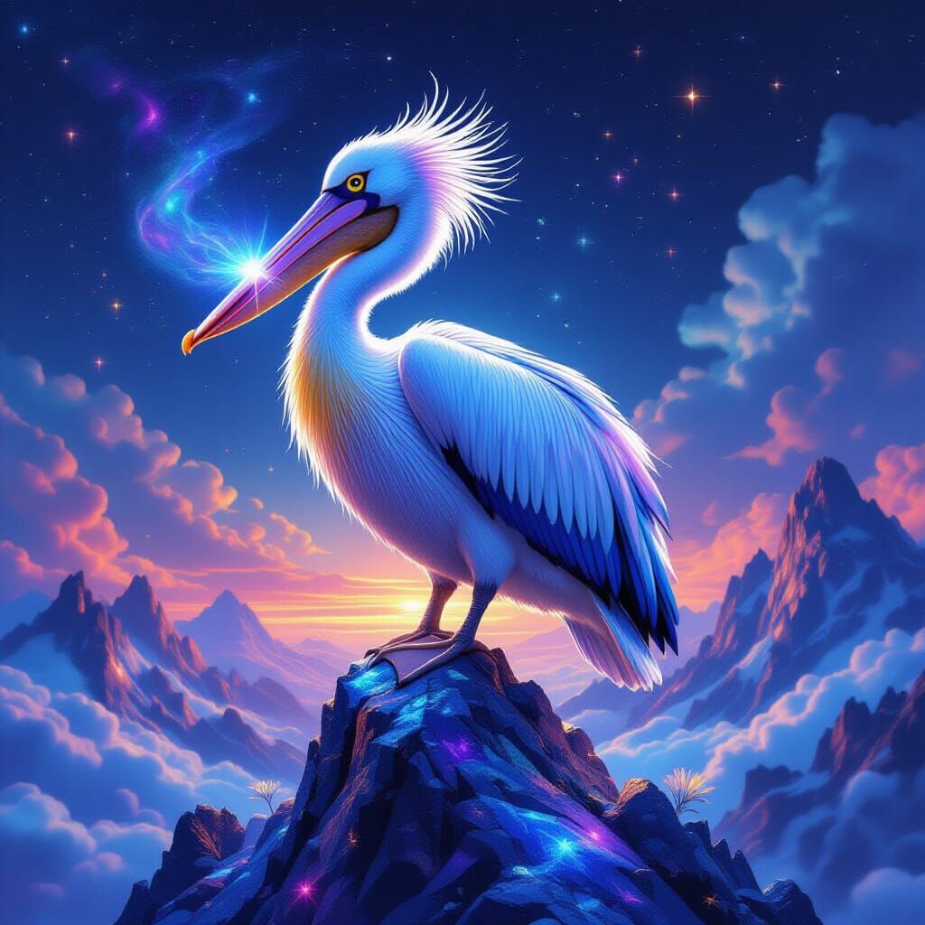 Pelican with Nebula Mane on Celestial Mountain Peak