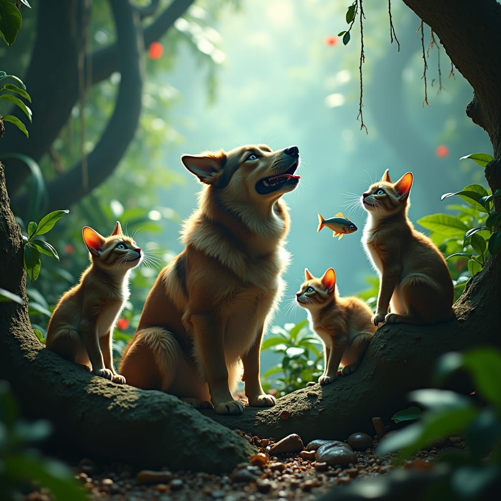 Dog and Cats in a Lush Rainforest