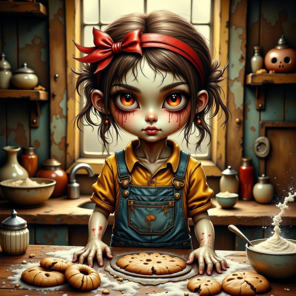 Cute Zombie Girl Baking Cookies in Cozy Kitchen
