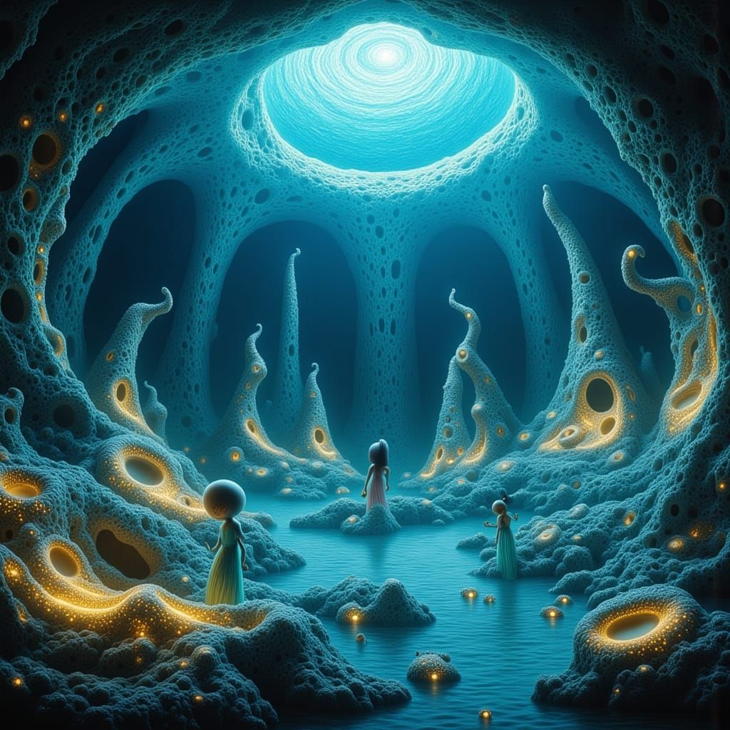 Surreal Oceanic Dreamscape in Iridescent Ink Wash Style