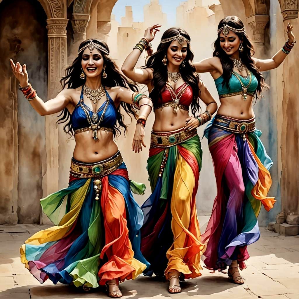 Belly Dancers in Colorful Silks Performing