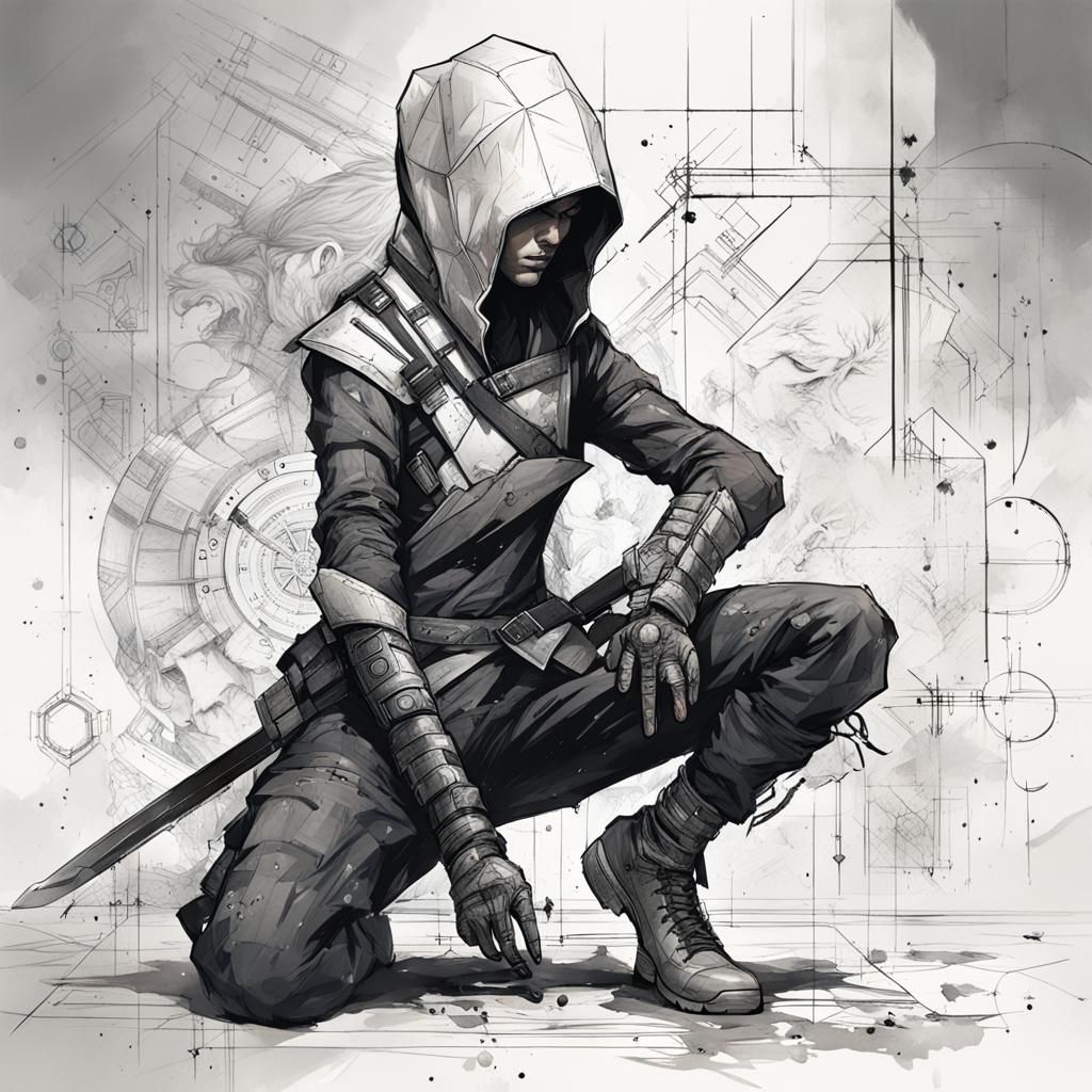 Cyberpunk Ninja Assassin in Technical Concept Art Style