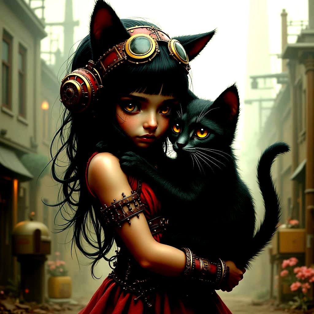 Girl with Two-Headed Cat in Post-Apocalyptic Steampunk World