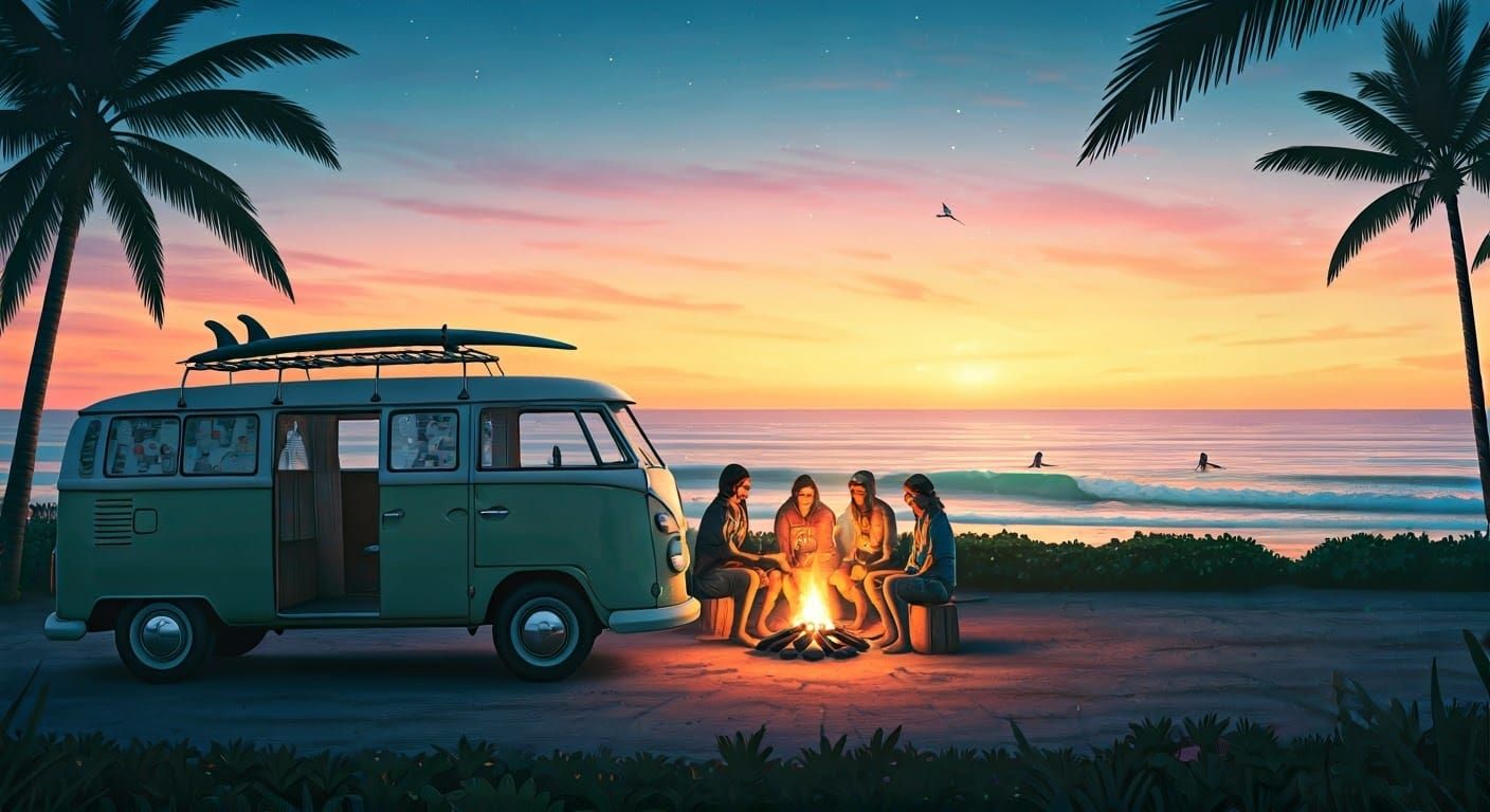VW Camper Van Beachside Getaway Under Starry Night