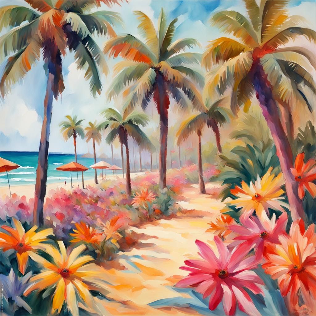 Colorful Beach Flowers in Gouache Impressionist Style