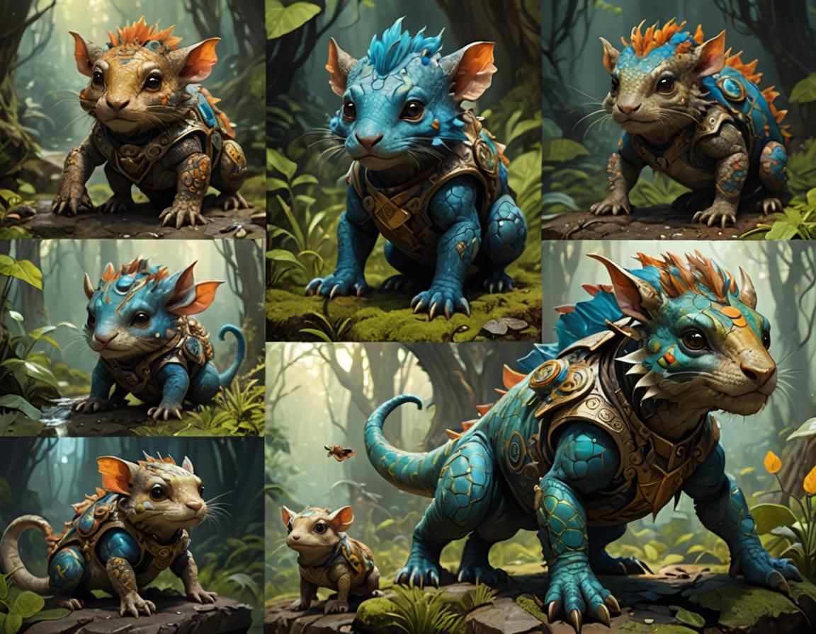 Cute fantasy critters highly detailed inspired by Rat Fink and Mad Max