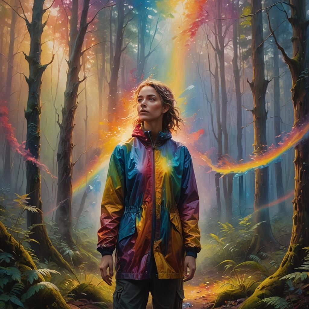 Rainbow Person in Misty Forest: Triadic Color Oil Painting