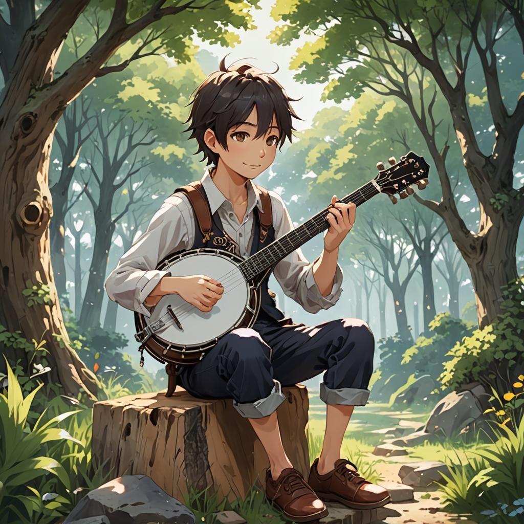 Anime Boy Playing Banjo in Manga Style