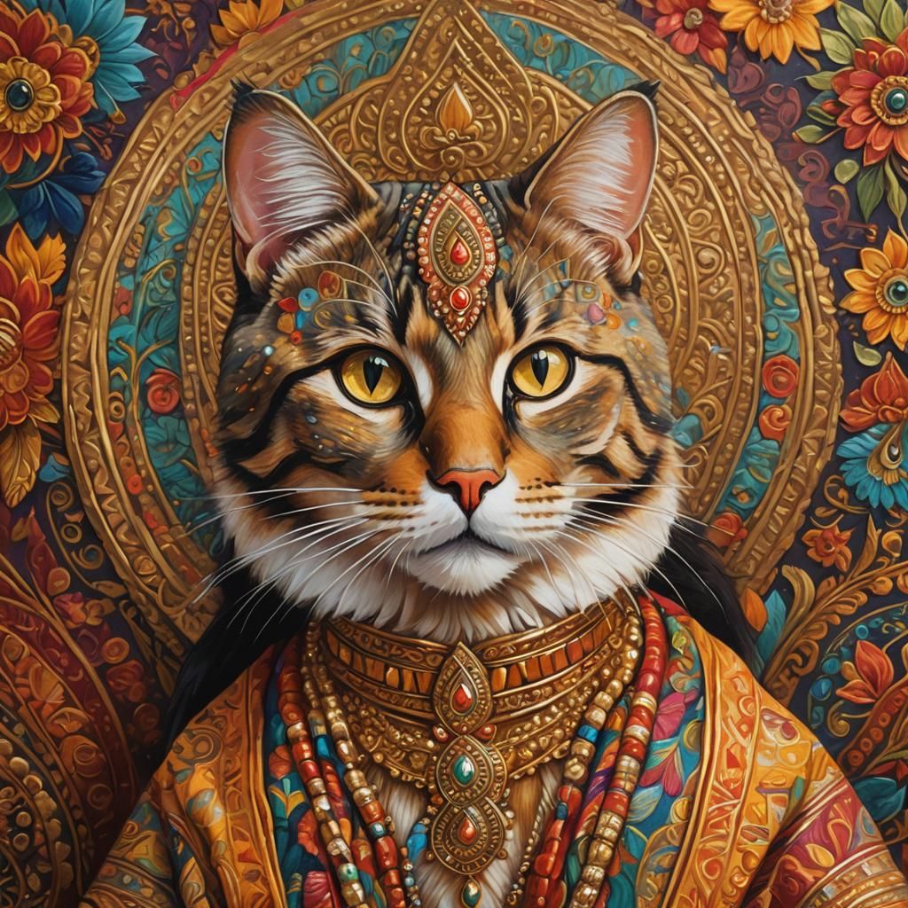 Cat in Indian Dress: Vibrant Oil Painting