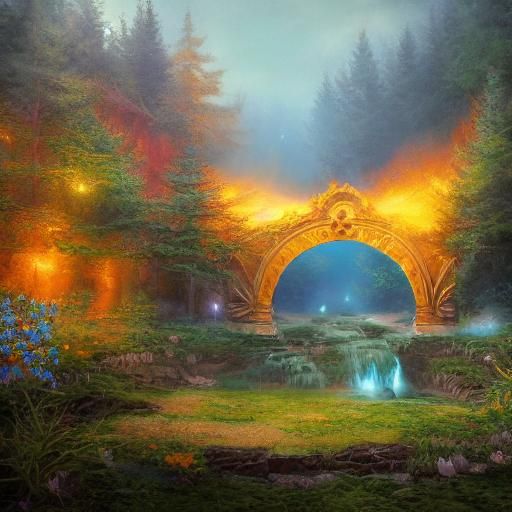 Ethereal Women Enter Flaming Stargate in Dreamy Landscape