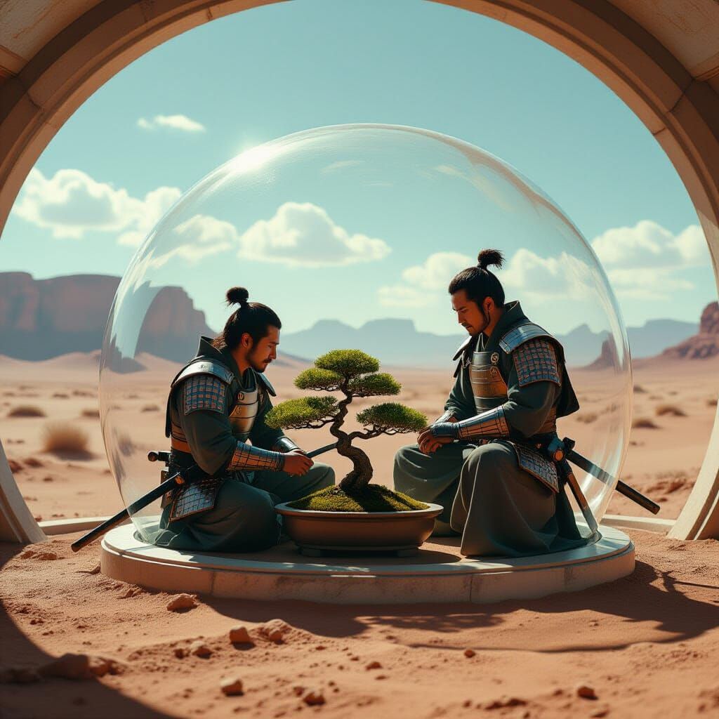 Samurai's Bonsai Oasis on a Desolate Planet