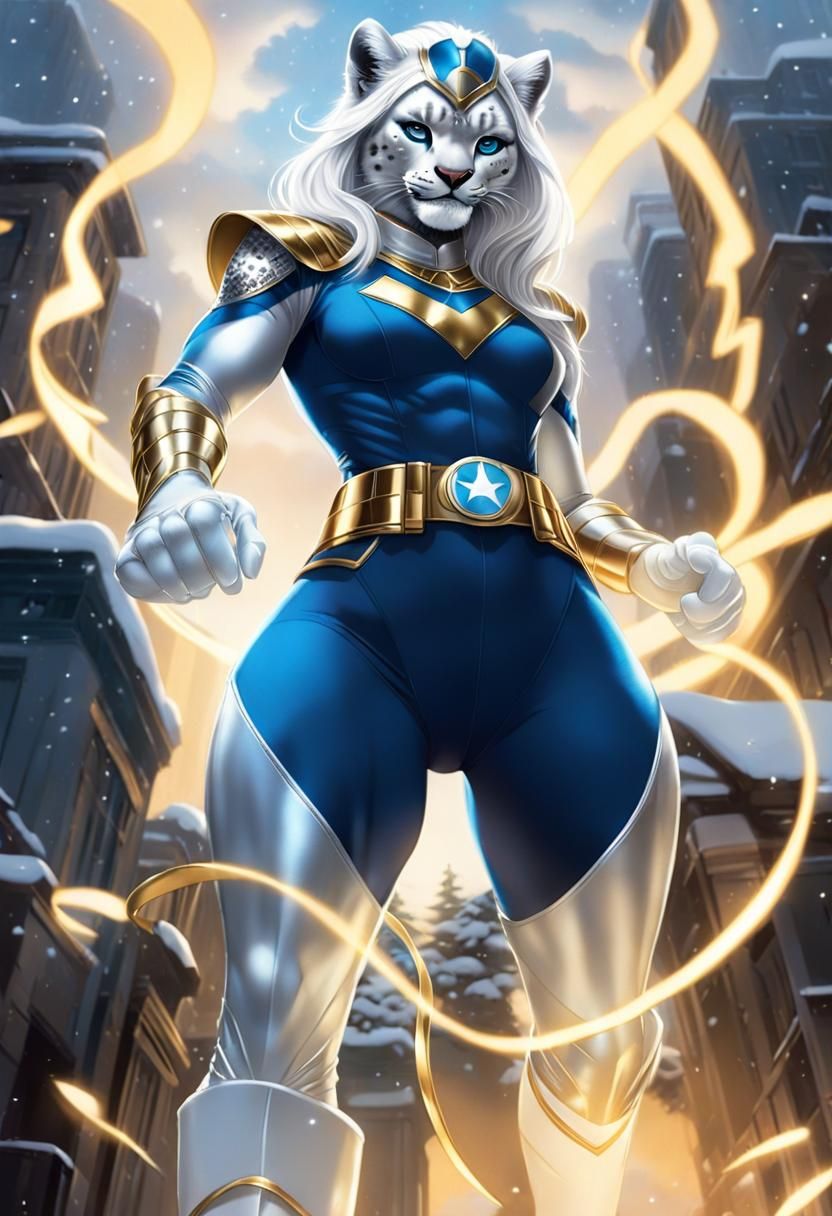 Snow Leopard Superheroine in Utopian City