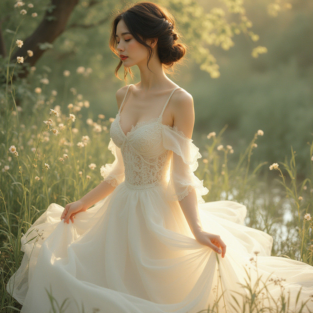 Elegant Woman in White Dress, Pre-Raphaelite Style