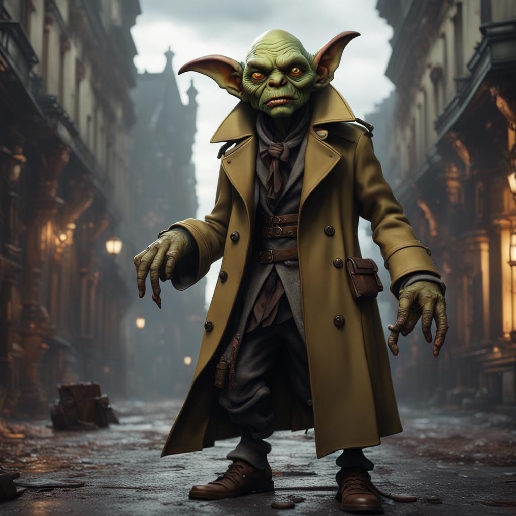 Goblin in Trench Coat: Detailed Matte Painting