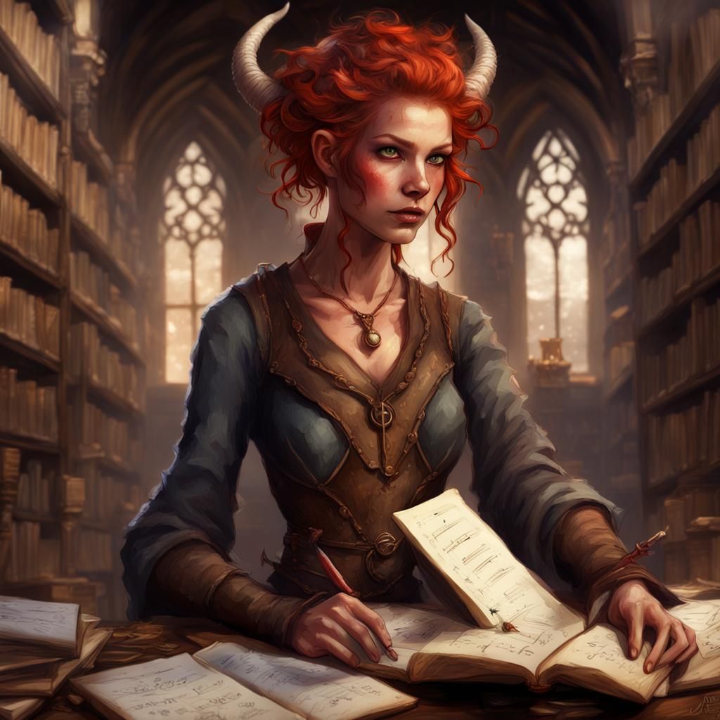 Tiefling Scholar in Library, Detailed Matte Painting