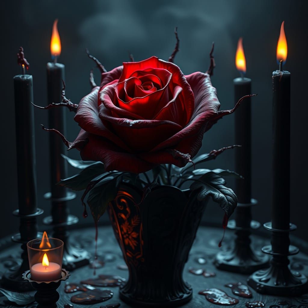 Dark Rose in Black Vase with Candles in Haunting Fantasy Sty...
