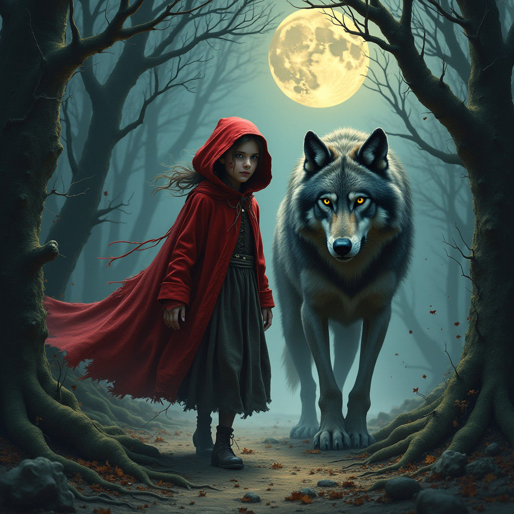 Little Red Riding Hood and Wolf in Dark Fantasy Style