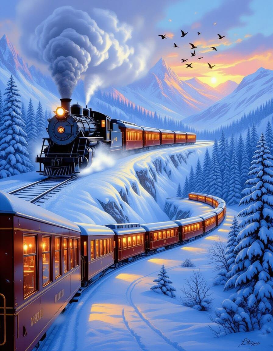 Steampunk Train Through Snowy Dreamscape