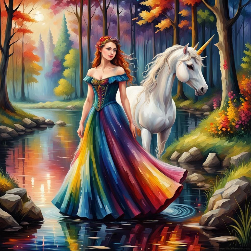 Woman, Unicorn, and Lake: Fantasycore Impasto Art