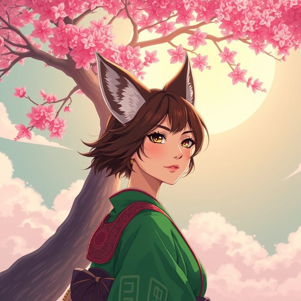 Kitsune Woman Surrounded by Vibrant Sakura Tree, Inspired by...