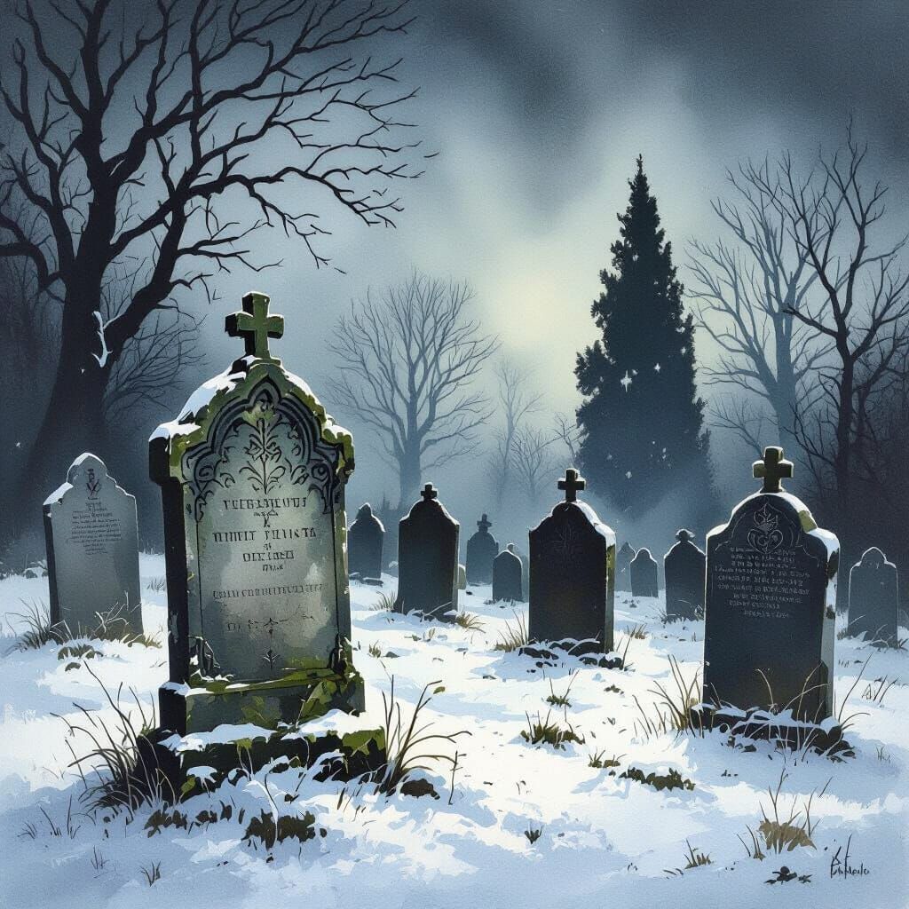 Mysterious Graveyard Scene with Snow, Acrylic and Gouache