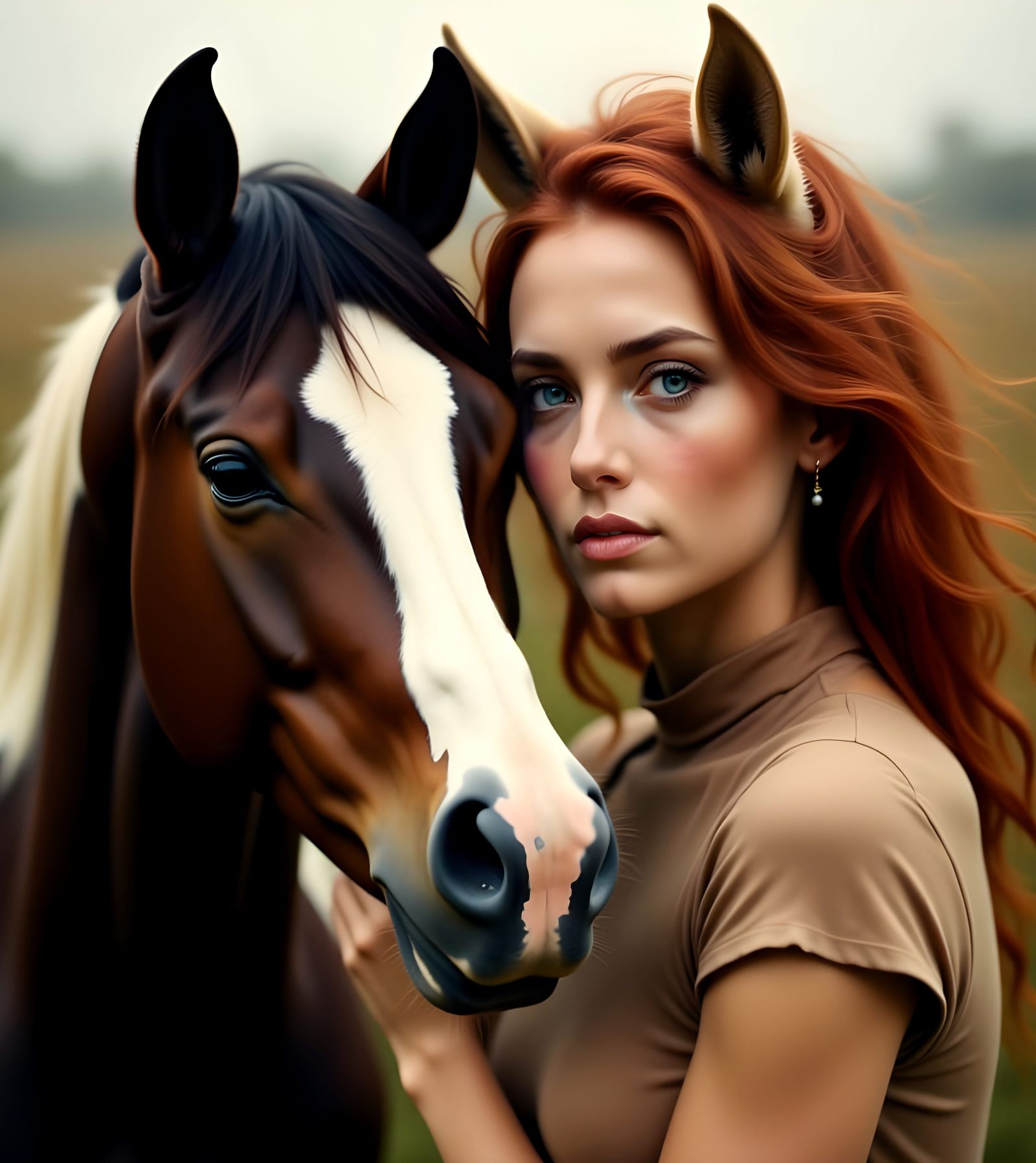 Beautiful Woman and Pinto Horse Portrait
