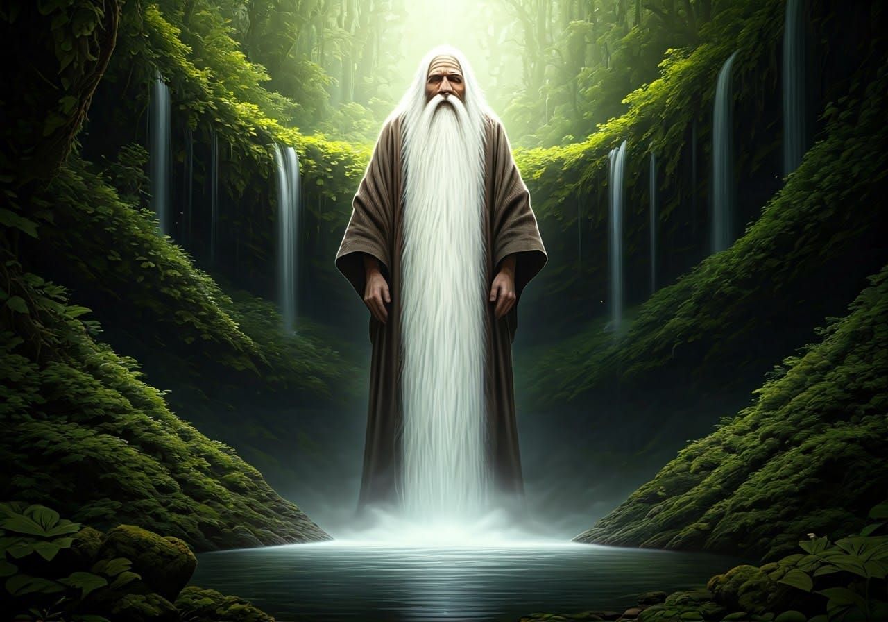 Mystical Hermit and Waterfall in Dreamlike Realm