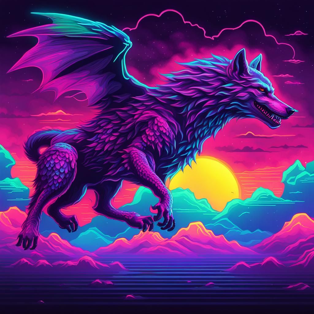 Synthwave Dragon-Wolf Soaring in Neon Sky