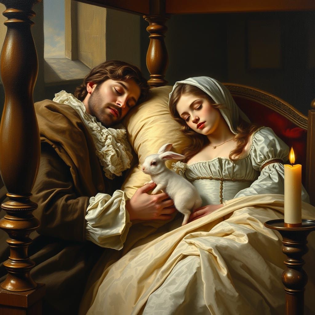 Lord and Lady in Slumber with Adorable White Rabbit