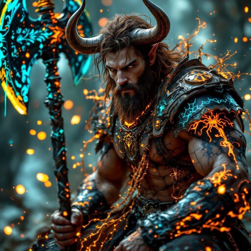 Cyberpunk Minotaur Warrior in Oversized Armor, with Glowing....