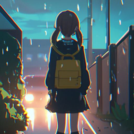 Anime Girl in Rain, Ghibli-esque Style
