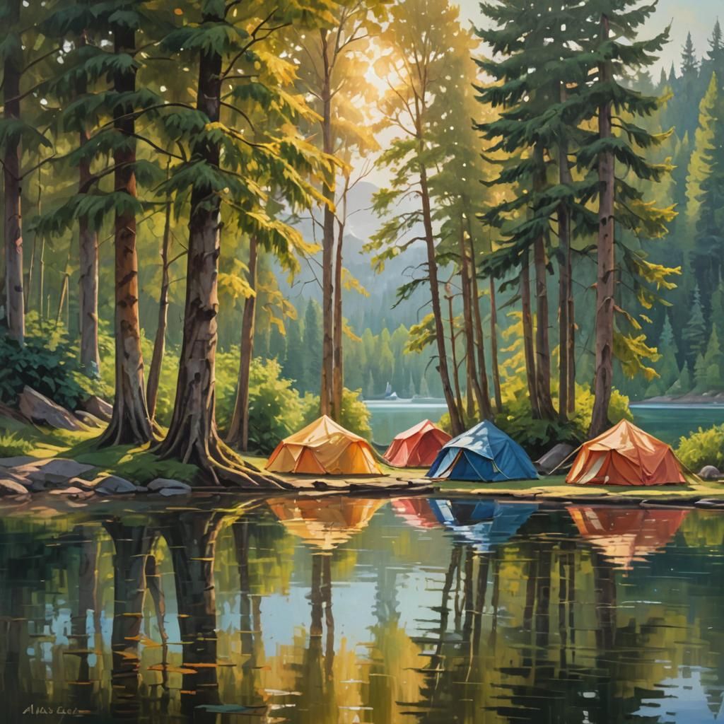 Colorful Tents by Lake: A Golden Oil Painting