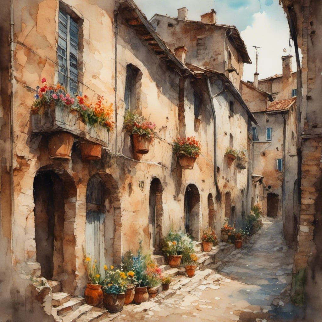 Italian Village Street: Watercolor Gouache Impressionist Pai...