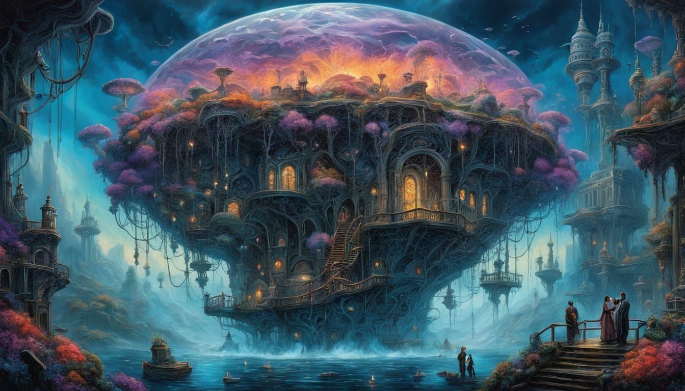 Coral Reef City Inside Geode with Bioluminescent Life