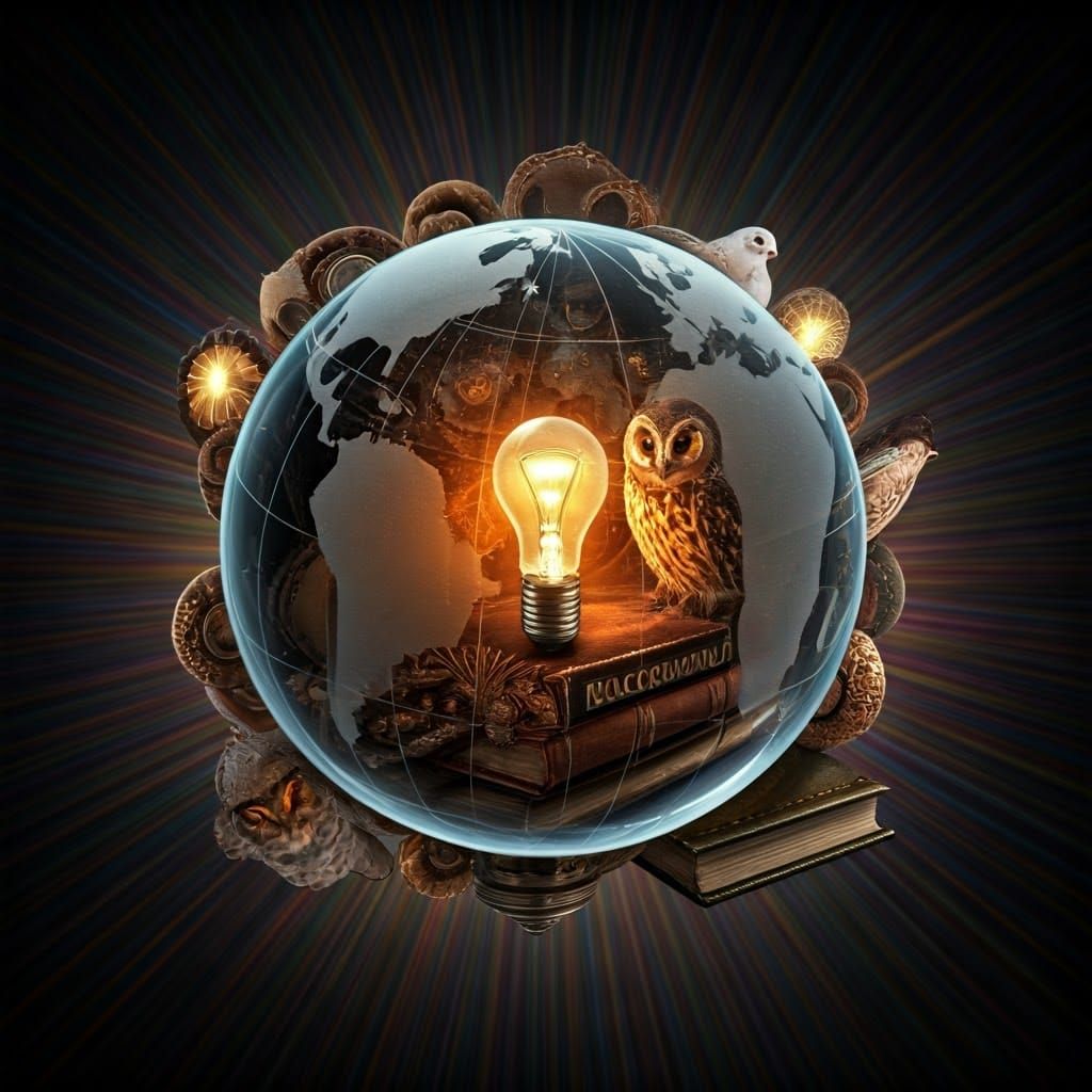 Illuminated Transparent Globe with Figures and Books