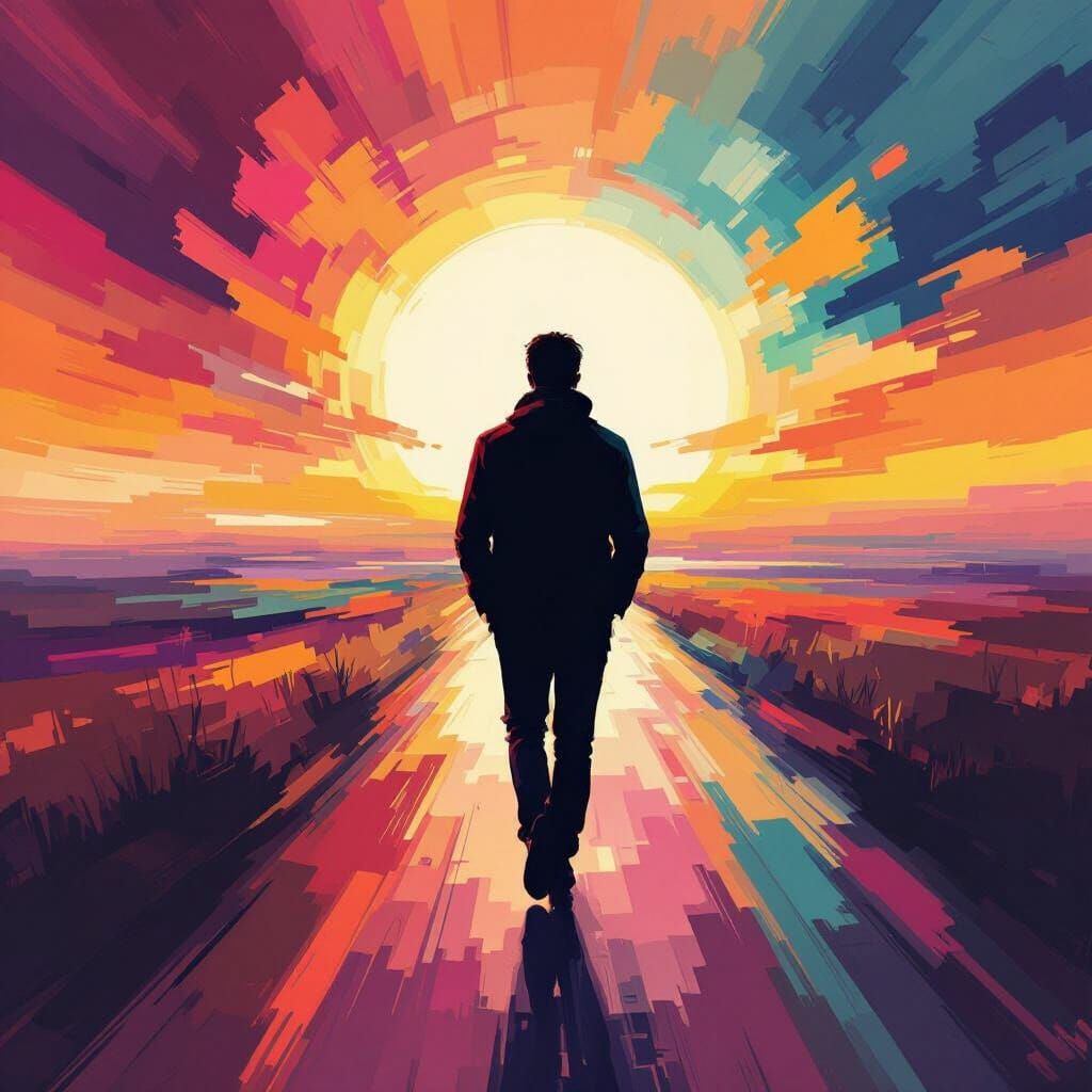 Figure Pursues Horizon in Vibrant Abstract Style