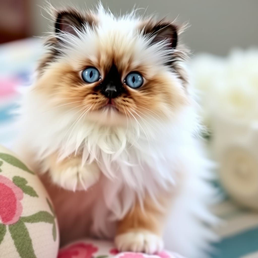 Fluffy White Teacup Persian Ragdoll Cat with Blue Eyes