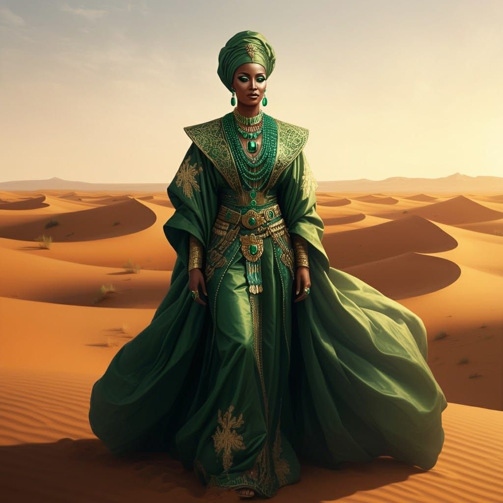 African Queen in Emeralds, Sahara Desert Portrait