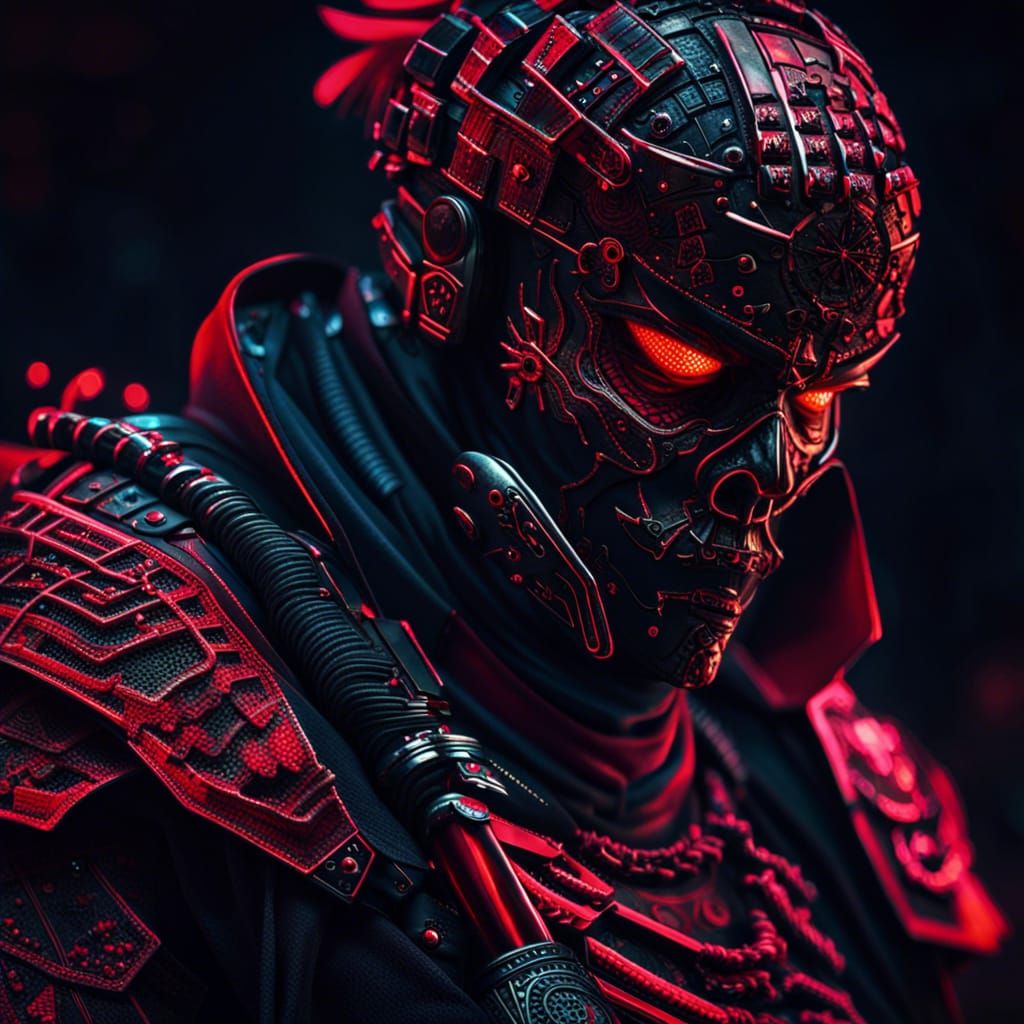 Red Skull Cyberpunk Ninja Samurai in HDR