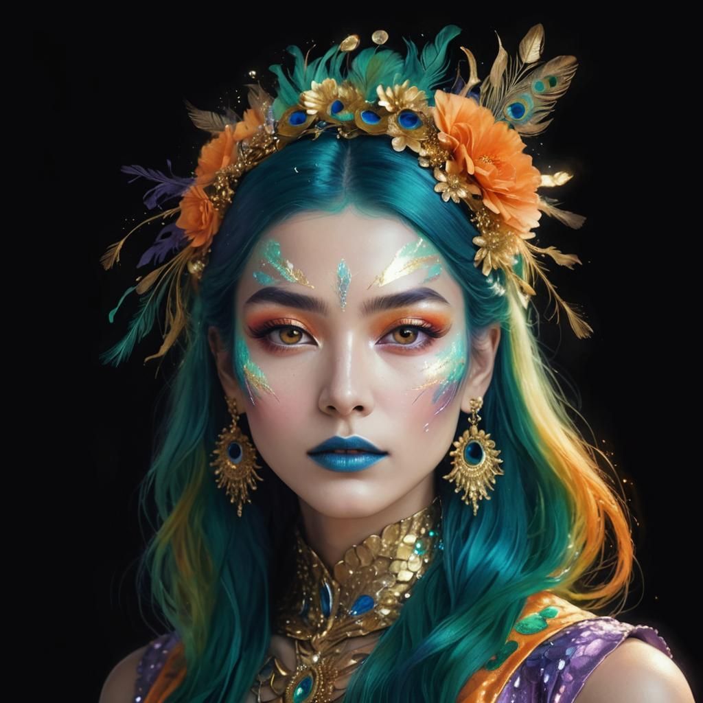 Gold Woman with Peacock Feathers in Astral Illustration